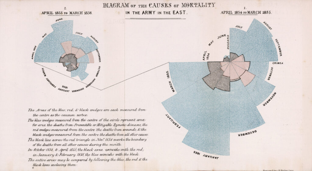 Nightingale's diagram of the causes of mortality in the arm in the east - drawn based on the deaths in the Crimean war. It depicts a histogram.