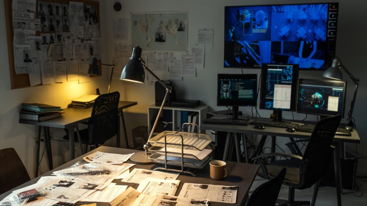 ark Inspired Academia Jobs featured image of an office that has papers on the desk and some monitors, probably for a private investigator